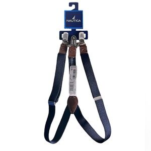 Nautica NWT Suspenders Boys One Size Navy Man Made Leather Trim Clip